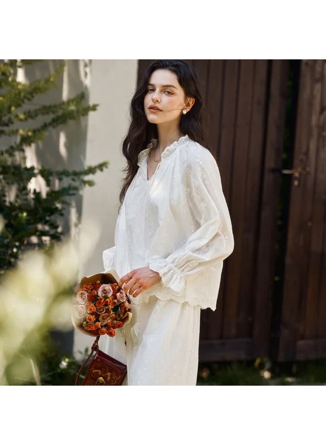 Olrain Heavy Embroidery Top And Skirt Set Autumn Women's Vacation Style Two-piece Lace Trim White L - Image 2