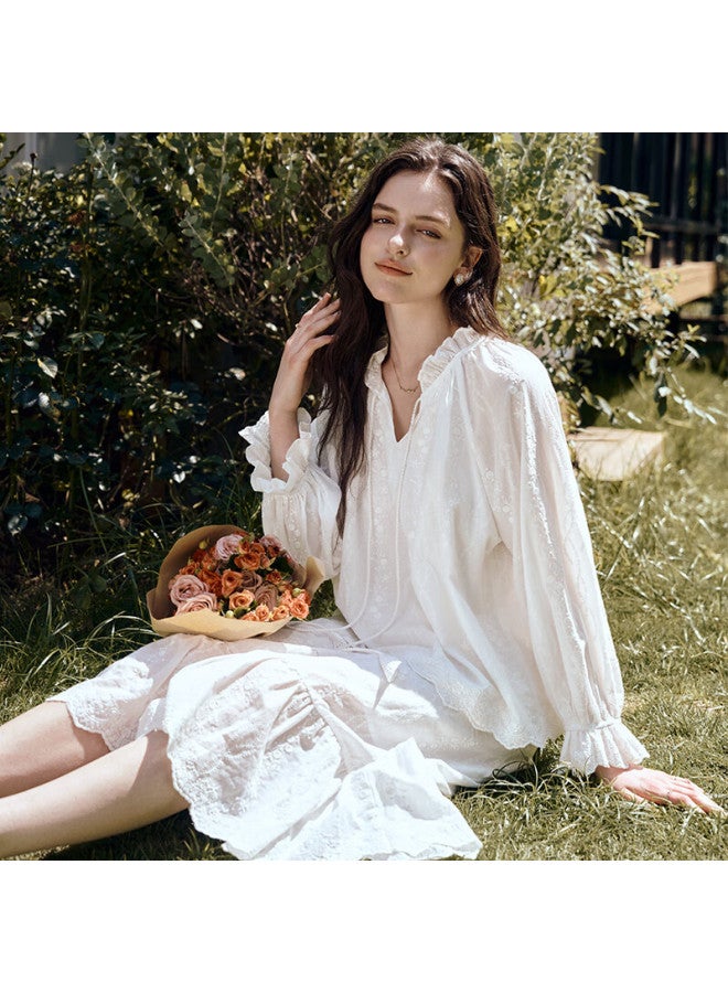 Olrain Heavy Embroidery Top And Skirt Set Autumn Women's Vacation Style Two-piece Lace Trim White L - Image 1