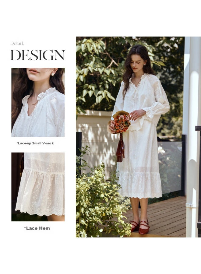 Olrain Heavy Embroidery Top And Skirt Set Autumn Women's Vacation Style Two-piece Lace Trim White L - Image 4