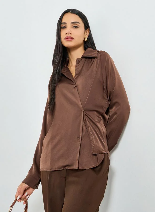 Styli Brown Satin Wrap Long Sleeve Shirt