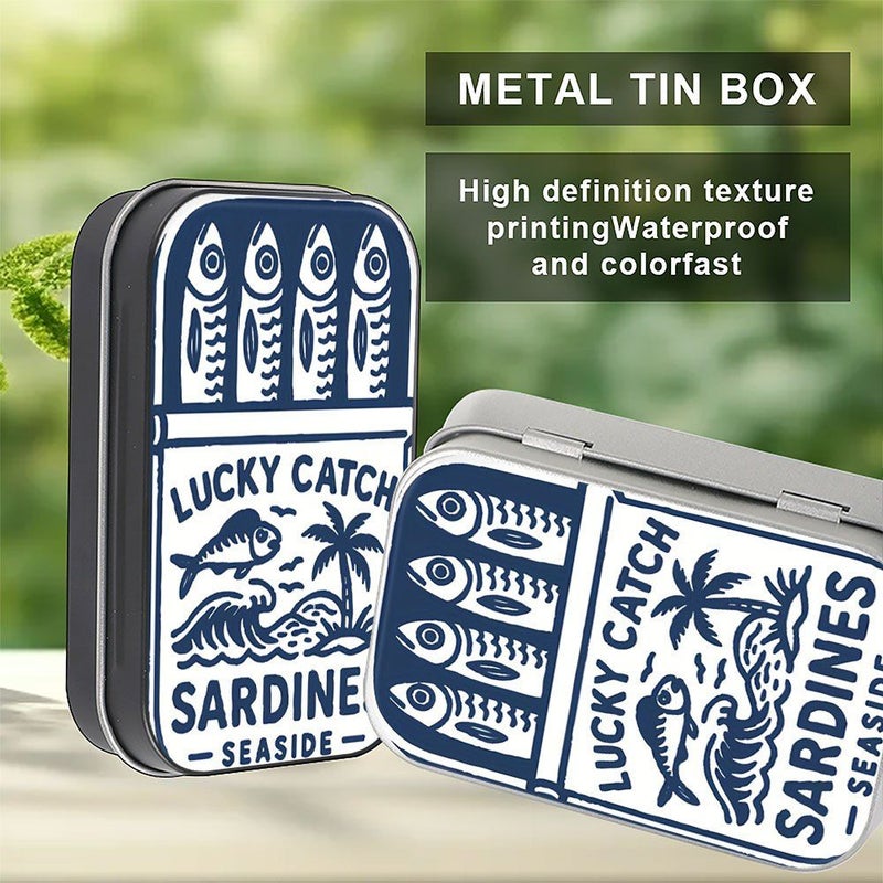 1pc Square Metal Hinged Tin Box with Silvery Seaside Sardine Design Mini Lidded Storage Bins for Small Items Decorative Organizer Container Ideal for Desk Home Office Use Coastal Style Decor - Image 2
