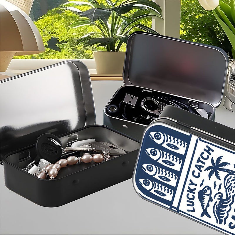 1pc Square Metal Hinged Tin Box with Silvery Seaside Sardine Design Mini Lidded Storage Bins for Small Items Decorative Organizer Container Ideal for Desk Home Office Use Coastal Style Decor - Image 3