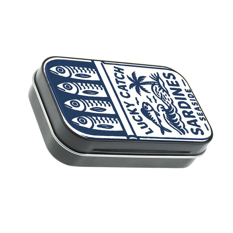 1pc Square Metal Hinged Tin Box with Silvery Seaside Sardine Design Mini Lidded Storage Bins for Small Items Decorative Organizer Container Ideal for Desk Home Office Use Coastal Style Decor - Image 1