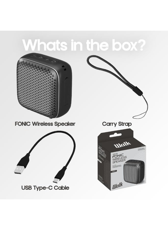 Walk Audio Fonic Wireless Speaker (Black) | Portable Wireless Speaker, Built-In Mic, IPX4 Waterproof, TWS Stereo Pairing, 5W Output, USB-C Charging, 4-5hr Playtime - Image 3