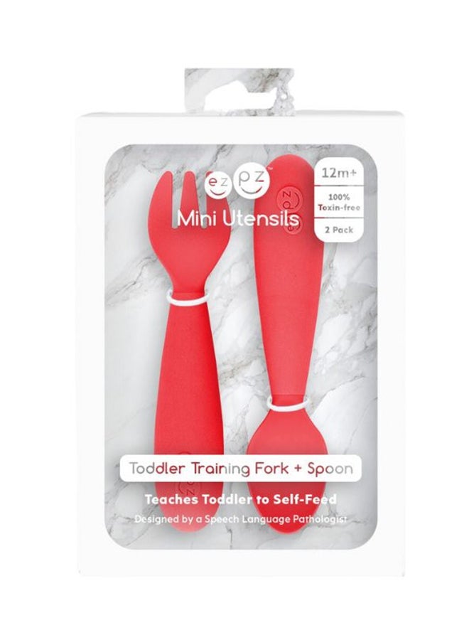 ezpz Mini Fork And Spoon Set, Kids Cutlery Set With Case, Pack -2 - Coral - Image 3