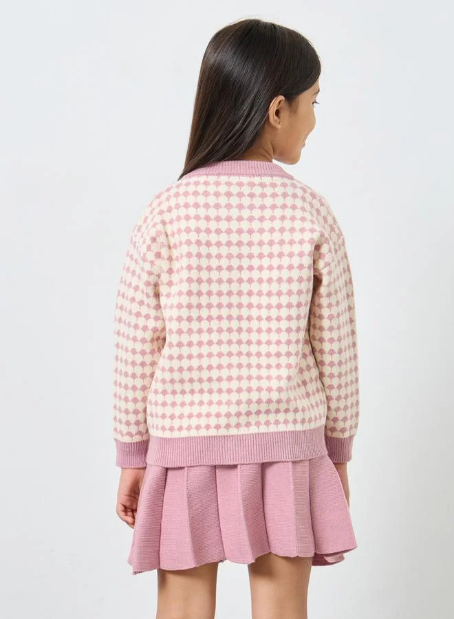 Styli Girls Pink Knitted Cardigan and Skirt Set