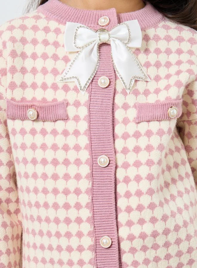Styli Girls Pink Knitted Cardigan and Skirt Set