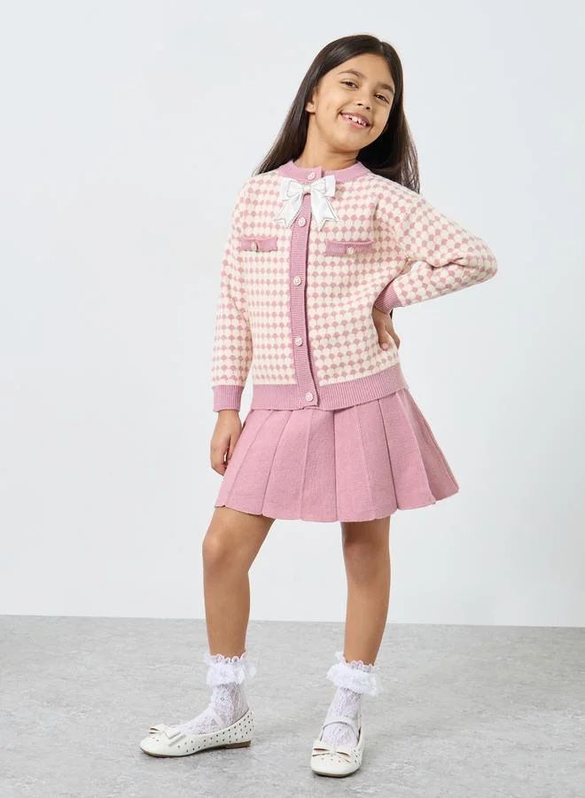 Styli Styli Girls Pink Knitted Cardigan and Skirt Set