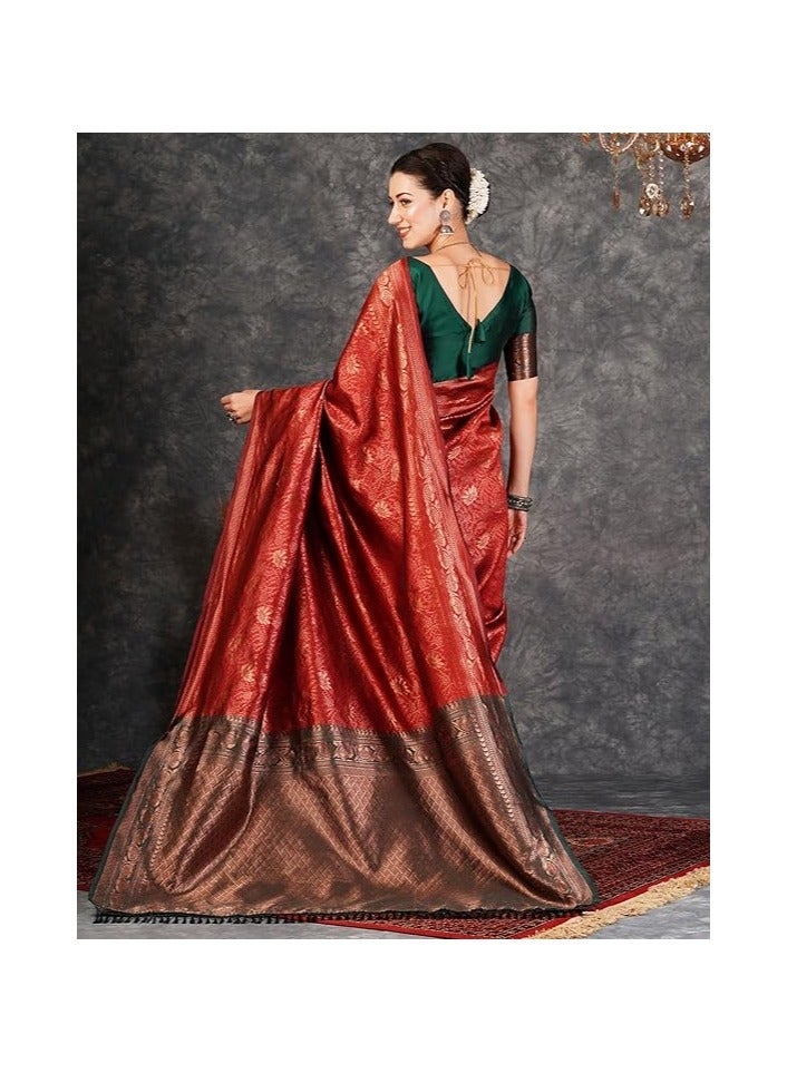 مملكة الإكسسوارات إكسسوارات المملكة النسائية Banarasi Jacquard ناعم Kanjeevaram ساري مع بلوزة غير مخيط قطعة - Image 2