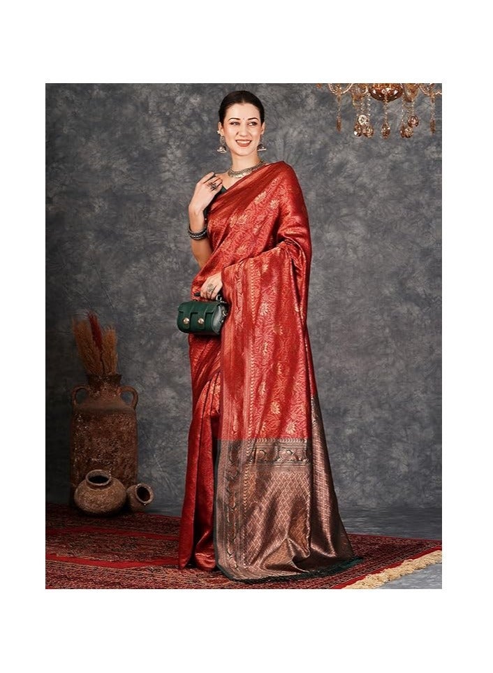 مملكة الإكسسوارات إكسسوارات المملكة النسائية Banarasi Jacquard ناعم Kanjeevaram ساري مع بلوزة غير مخيط قطعة - Image 5