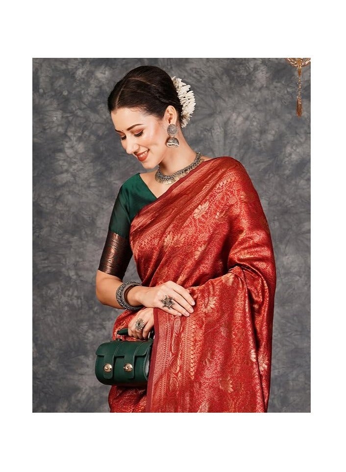 مملكة الإكسسوارات إكسسوارات المملكة النسائية Banarasi Jacquard ناعم Kanjeevaram ساري مع بلوزة غير مخيط قطعة - Image 4