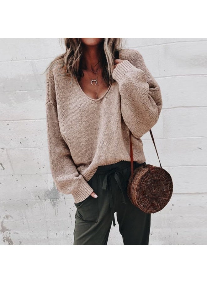 NIBEMINENT Solid Deep V Neck Sweater For Women Elegant Loose Long Sleeved Knitted Pullover  Autumn Winter Fashion Casual Lady - Image 1