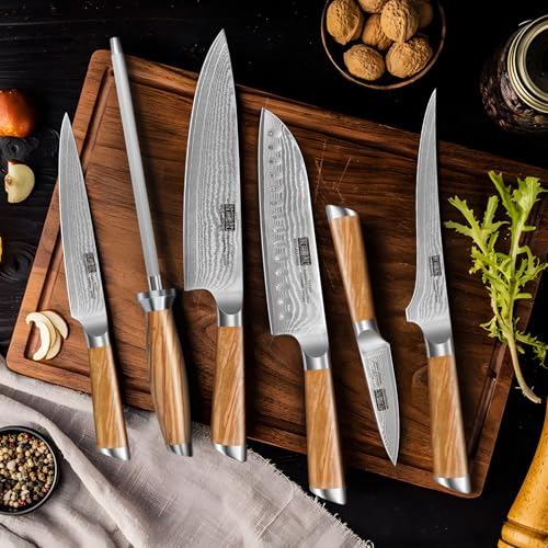 HOSHANHO Knife Set with Block 7-Piece, Professional 67-layer Damascus Super Steel Kitchen Knife Sets for Cooking, Ultra Sharp Knife Set with Sharpener - Image 5