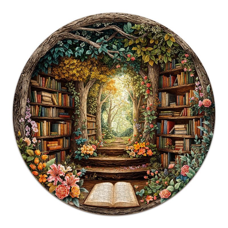 AEEKDOOK 1000 Piece Round Jigsaw Puzzles for Adults Forest Bookshelf Library 265 Large Circular Puzzle with Letters on Back Challenging Family Game Wall Decor Ideal Gift for Book Lover - Image 3