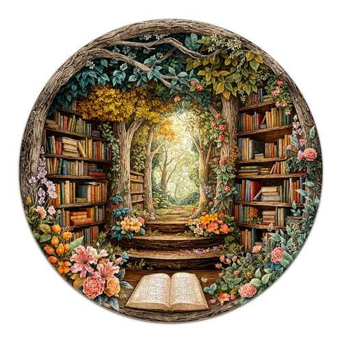 AEEKDOOK 1000 Piece Round Jigsaw Puzzles for Adults Forest Bookshelf Library 265 Large Circular Puzzle with Letters on Back Challenging Family Game Wall Decor Ideal Gift for Book Lover - Image 1