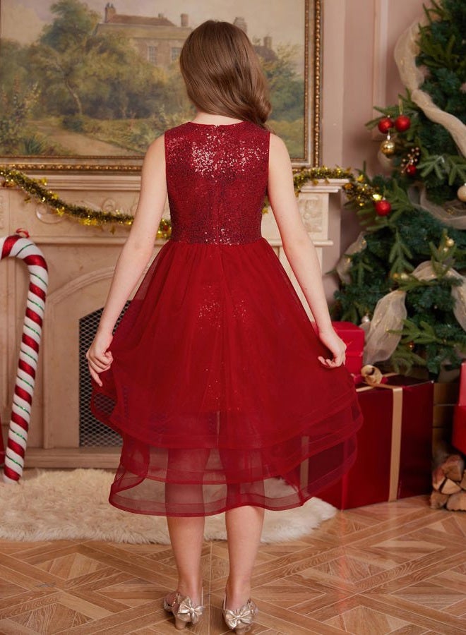 GRACE KARIN Girls Sequin Party Dress Sparkle Formal Birthday Pageant Prom Three-Layer Tulle Midi Dress Size 5-12Y, Red, 8 Years - Image 4