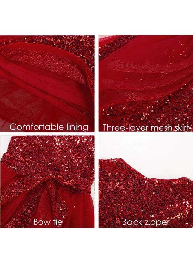 GRACE KARIN Girls Sequin Party Dress Sparkle Formal Birthday Pageant Prom Three-Layer Tulle Midi Dress Size 5-12Y, Red, 8 Years - Image 5