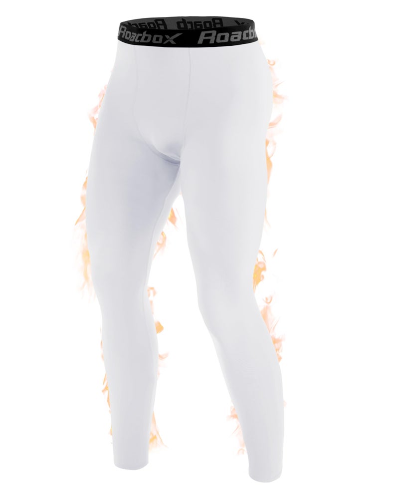 Roadbox Men's Thermal Compression Pants, Fleece Lined Running Tights Leggings, Athletic Ski Base Layer Bottoms Cold Weather White - Image 1