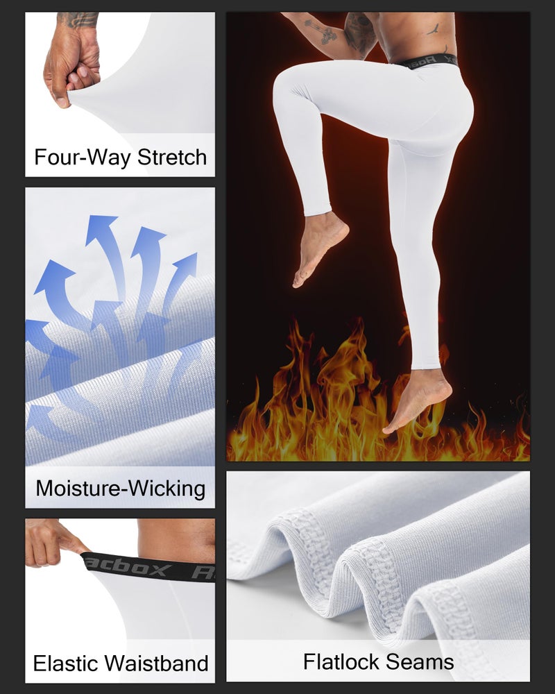 Roadbox Men's Thermal Compression Pants, Fleece Lined Running Tights Leggings, Athletic Ski Base Layer Bottoms Cold Weather White - Image 4