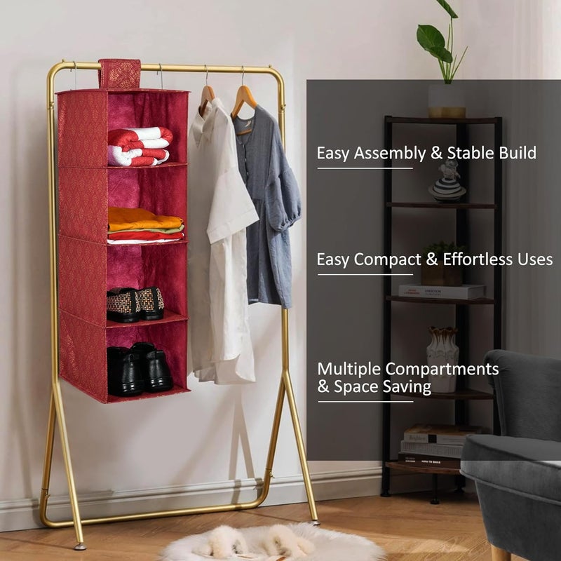 Kuber Industries Kuber Industries Shoe Rack | 4 Shelf Hanging Rack | Foldable Shoe Rack for Closet | Closet Organizer with Velcro | Clothes Organizer | Shoe Storage Organizer | Golden-Printed | Maroon  - Image 3