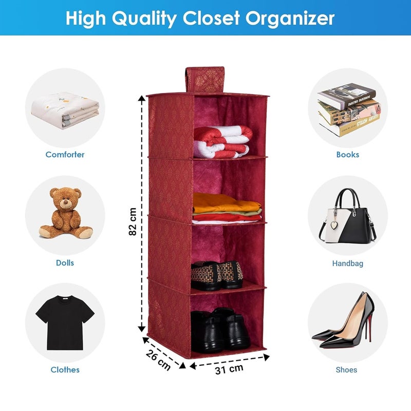 Kuber Industries Kuber Industries Shoe Rack | 4 Shelf Hanging Rack | Foldable Shoe Rack for Closet | Closet Organizer with Velcro | Clothes Organizer | Shoe Storage Organizer | Golden-Printed | Maroon  - Image 2