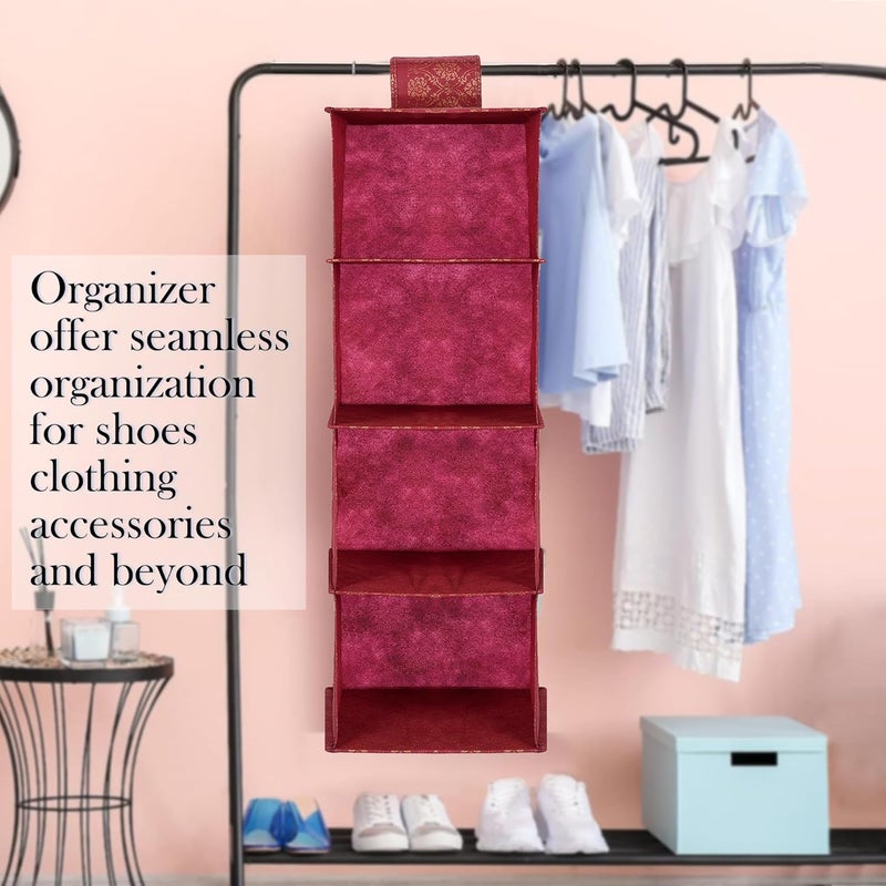 Kuber Industries Kuber Industries Shoe Rack | 4 Shelf Hanging Rack | Foldable Shoe Rack for Closet | Closet Organizer with Velcro | Clothes Organizer | Shoe Storage Organizer | Golden-Printed | Maroon  - Image 4