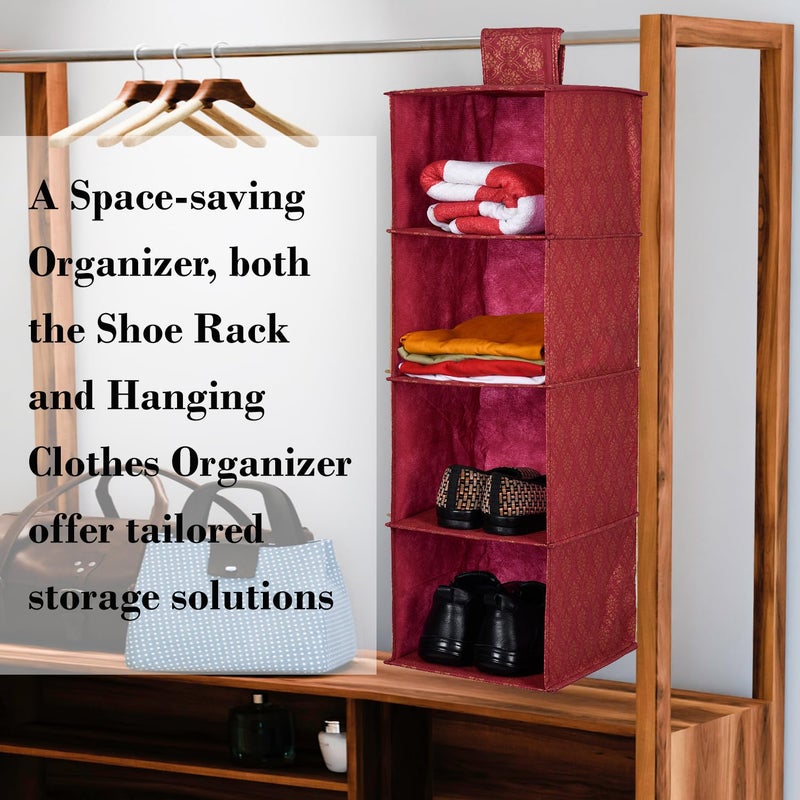 Kuber Industries Kuber Industries Shoe Rack | 4 Shelf Hanging Rack | Foldable Shoe Rack for Closet | Closet Organizer with Velcro | Clothes Organizer | Shoe Storage Organizer | Golden-Printed | Maroon  - Image 5