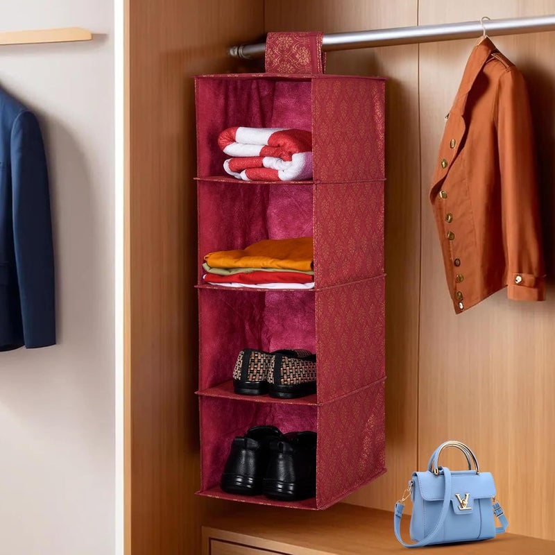 Kuber Industries Kuber Industries Shoe Rack | 4 Shelf Hanging Rack | Foldable Shoe Rack for Closet | Closet Organizer with Velcro | Clothes Organizer | Shoe Storage Organizer | Golden-Printed | Maroon  - Image 1
