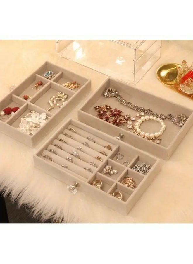 3 Tier Velvet Beige Jewelry Organizer Box With Drawers Dustproof Storage For Earrings Rings Necklaces Bracelets Vintage Style Textured Finish - Image 1