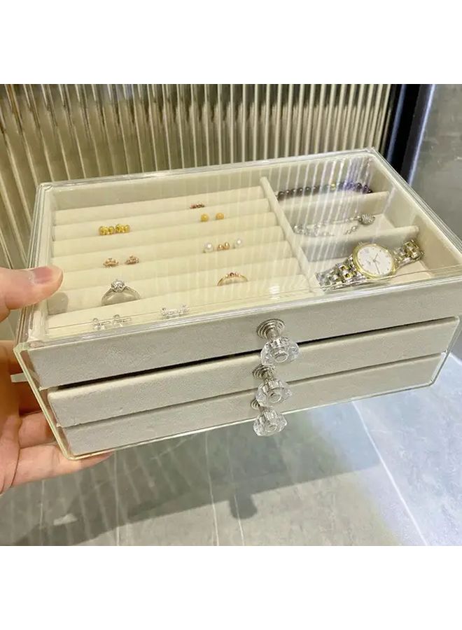 3 Tier Velvet Beige Jewelry Organizer Box With Drawers Dustproof Storage For Earrings Rings Necklaces Bracelets Vintage Style Textured Finish - Image 3