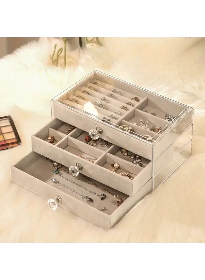 3 Tier Velvet Beige Jewelry Organizer Box With Drawers Dustproof Storage For Earrings Rings Necklaces Bracelets Vintage Style Textured Finish - Image 4