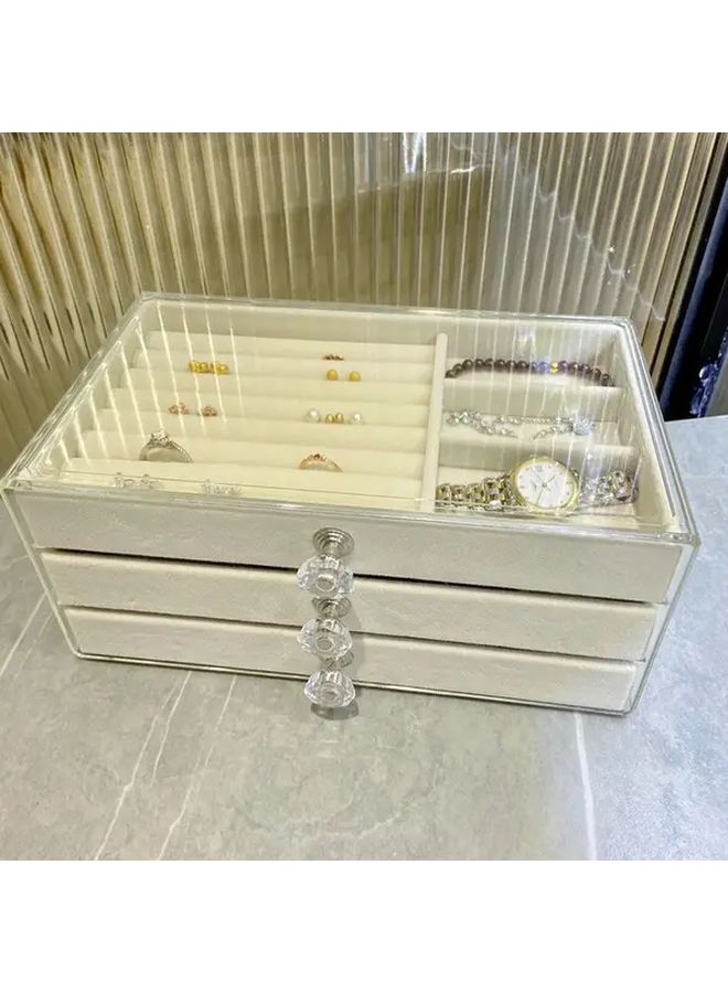 3 Tier Velvet Beige Jewelry Organizer Box With Drawers Dustproof Storage For Earrings Rings Necklaces Bracelets Vintage Style Textured Finish - Image 2