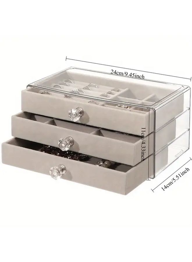 3 Tier Velvet Beige Jewelry Organizer Box With Drawers Dustproof Storage For Earrings Rings Necklaces Bracelets Vintage Style Textured Finish - Image 5