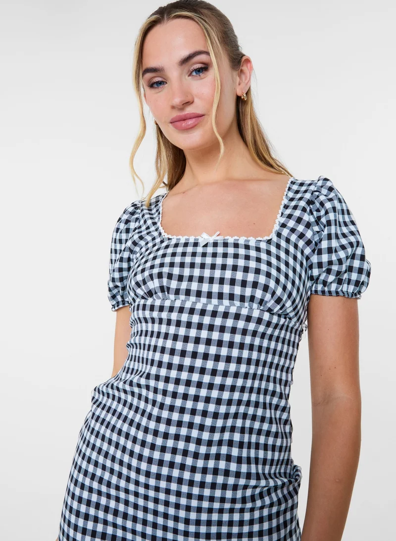 Pink Vanilla  Gingham Puff Sleeve Mini Dress for Women | Best Price UAE