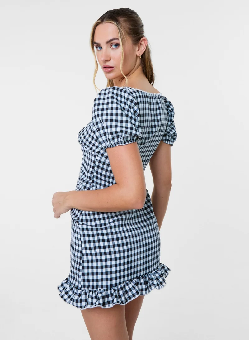 Pink Vanilla  Gingham Puff Sleeve Mini Dress for Women | Best Price UAE