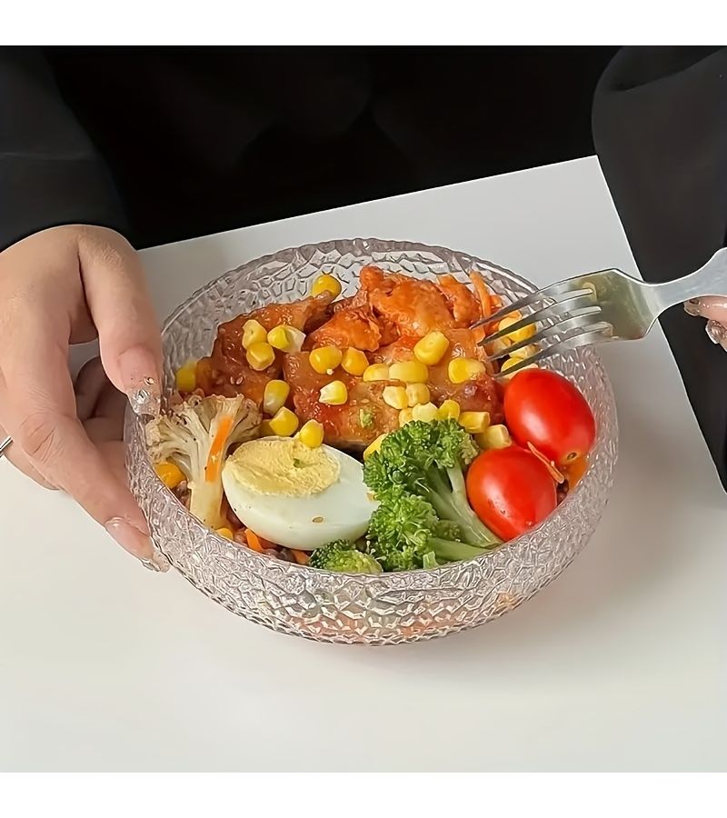 مجموعة من 2 وعاء زجاجي ياباني فاخر بتصميم مطروق، آمن للاستخدام في الميكروويف، بشكل دائري، مناسب لسلطات الفواكه، الحلويات، الآيس كريم، والإفطار - Image 4