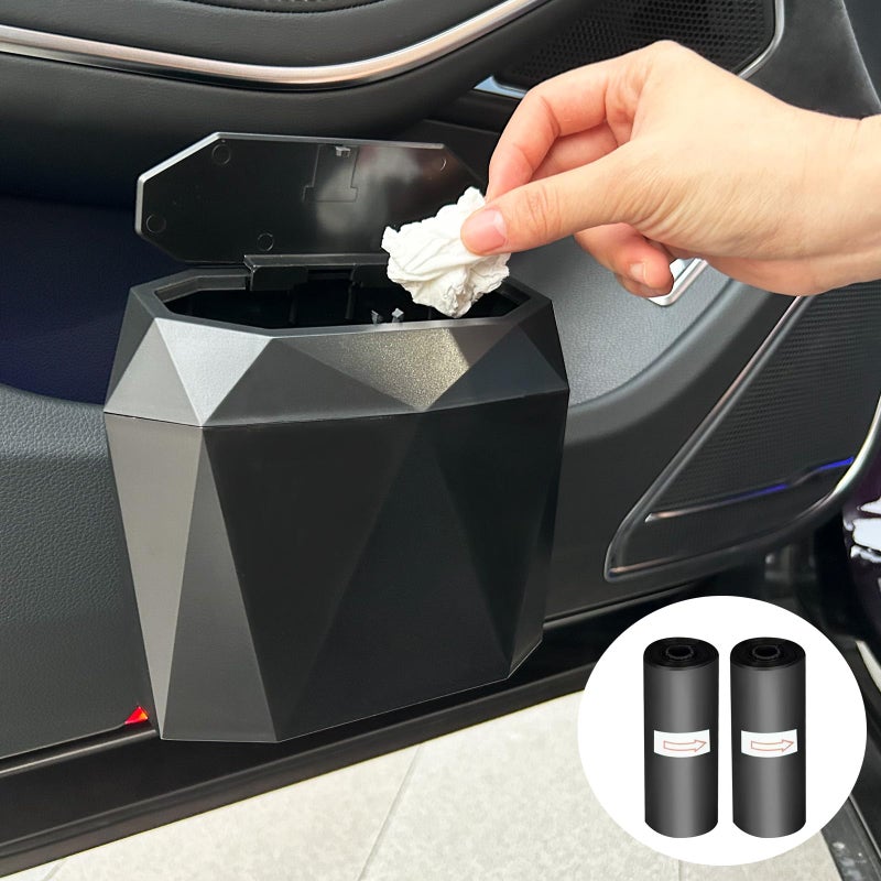 Wontolf Mini Car Trash Can Bin Garbage Can with Lid and 60pcs Trash Bags, ABS Diamond Design Dustbin Car Organizer Container Accessories - Image 2