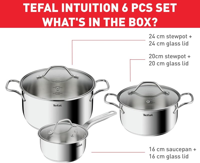 T-fal TEFAL Intuition 6 pc set | saucepan 16 cm+lid, stewpots 20/24 cm+lids | Premium Stainless Steel 18/10 | Measuring marks | Glass lid | Induction | Stewing | Boiling | 2 Years Warranty | B864S674 - Image 3
