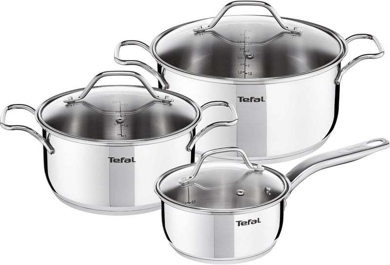 T-fal TEFAL Intuition 6 pc set | saucepan 16 cm+lid, stewpots 20/24 cm+lids | Premium Stainless Steel 18/10 | Measuring marks | Glass lid | Induction | Stewing | Boiling | 2 Years Warranty | B864S674 - Image 1