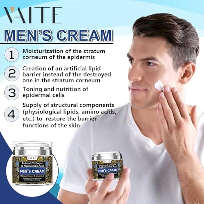 VAITE Mens Face Moisturizer with Collagen, Retinol, Anti-Aging, Anti-Wrinkle Cream for Men, Hydrating Facial Skin Care with Hyaluronic Acid, Hibiscus, Honey & Vitamin C, Day & Night Hydration - Image 3