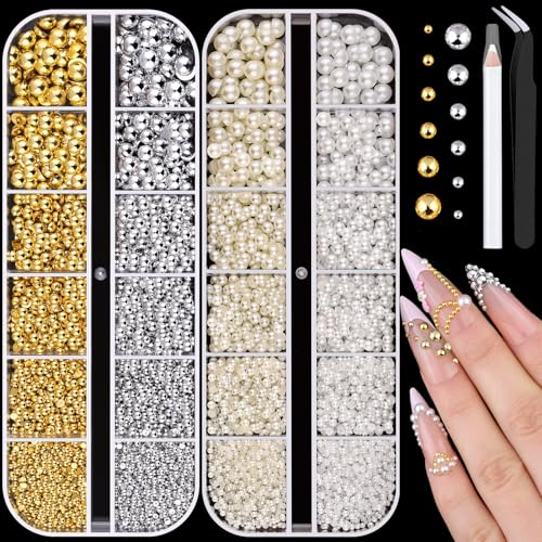 BELLEBOOST Flatback Nail Pearls Gems, Half Round Silver and Gold Nail Charms Beads and White Beige Pearls for Nails with Pickup Pencil and Tweezers, Pearl Nail Charm Rhinestones for Crafting Face Hair Manicure - Image 1