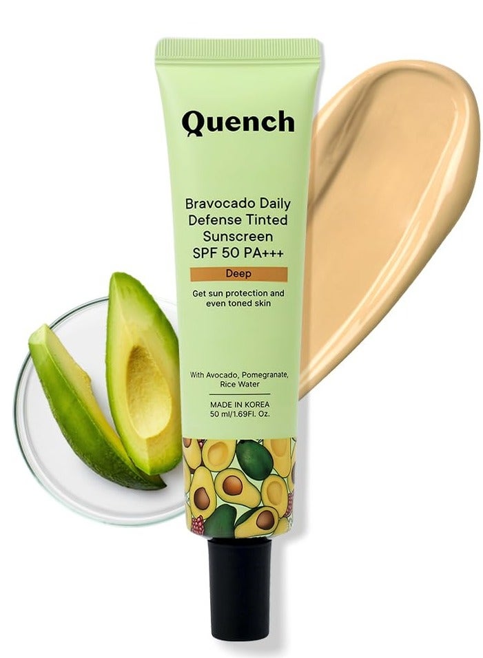 Quench Daily Defense Tinted Sunscreen SPF 50 PA+++ For Glowing Skin With Avocado & 2% Niacinamide | Blue Light Protection | Satin-Matte Finish | Made In Korea, Normal Skin (Deep, 50 ML - Image 1