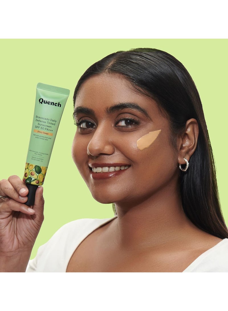 Quench Daily Defense Tinted Sunscreen SPF 50 PA+++ For Glowing Skin With Avocado & 2% Niacinamide | Blue Light Protection | Satin-Matte Finish | Made In Korea, Normal Skin (Deep, 50 ML - Image 4
