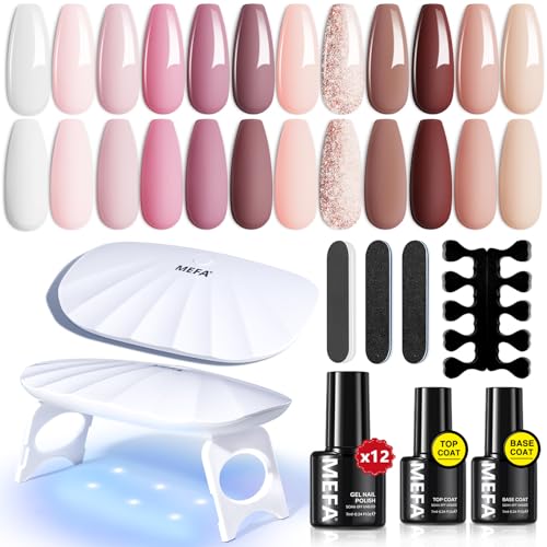 MEFA 19 Pcs Gel Nail Polish Kit with U V Light, 12 Colors All Seasons Nude Milky White Soak Off Gel Polish Nail Set with Base Top Coat Essential Manicure Tools Beginners Salon Nails DIY Art - Image 1