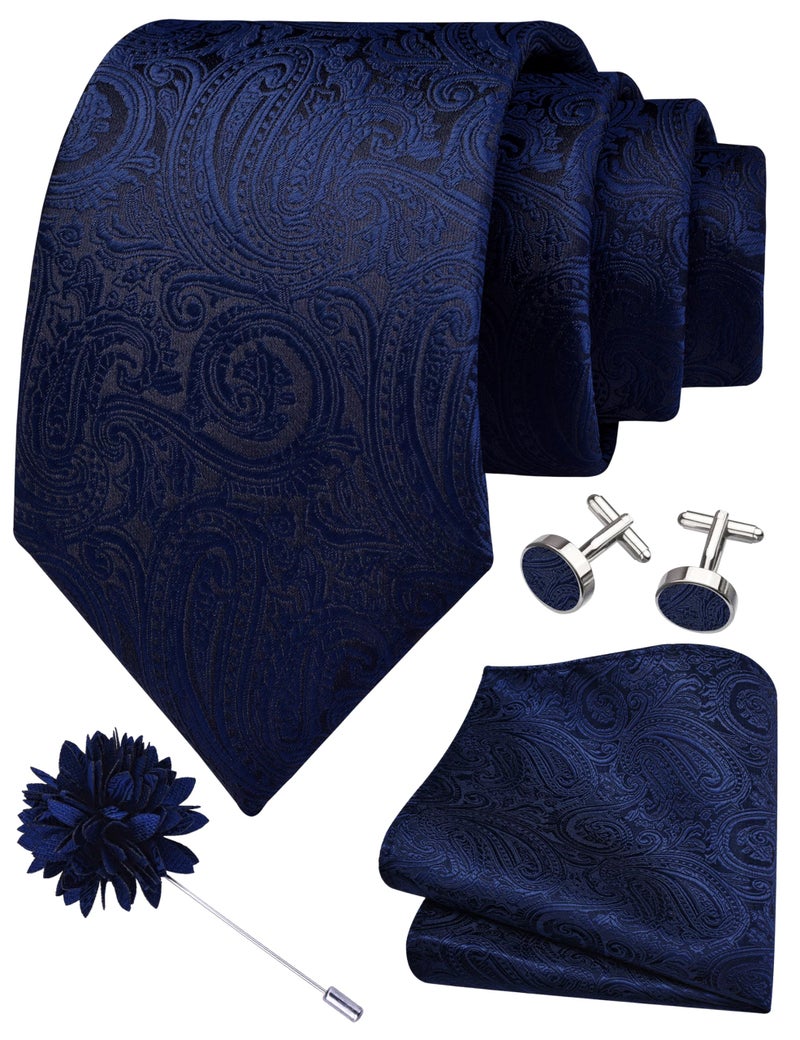 GUSLESON Mens Navy Blue Tie for Wedding Dark Blue Silk Paisley Necktie Pocket Square Cufflinks and Lapel Pin Brooch Set (IN6103-22) - Image 1