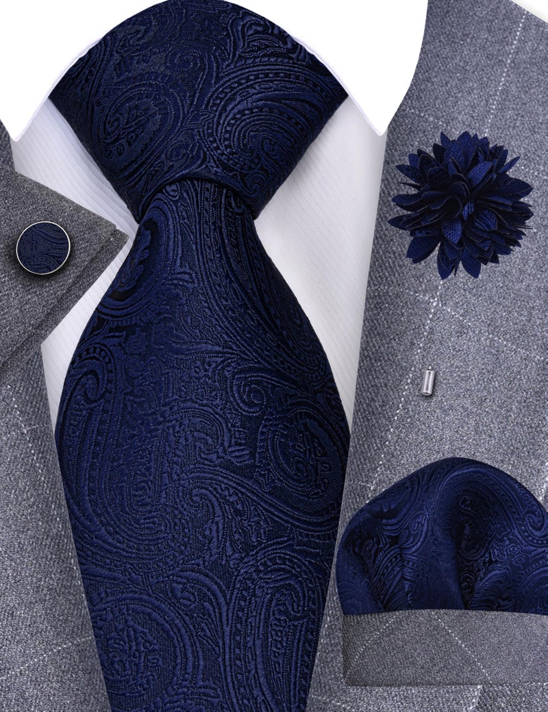 GUSLESON Mens Navy Blue Tie for Wedding Dark Blue Silk Paisley Necktie Pocket Square Cufflinks and Lapel Pin Brooch Set (IN6103-22) - Image 2