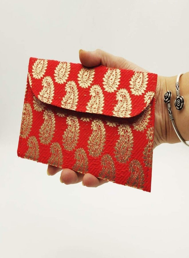 Shop Buzz Pack of 12 Premium Raw Silk Fabric Brocade Design Money Gift Envelopes for Wedding/Marriage/Bday of Premium Quality Exclusively - Red Colour/Deep Red Colour. (12 pcs) - Image 1
