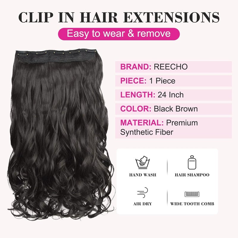 REECHO 24” Hair Extensions Clip ins, 1-Pack 3/4 Full Head Wavy Black Brown Hair Extensions Synthetic Hairpiece for Women - Image 2