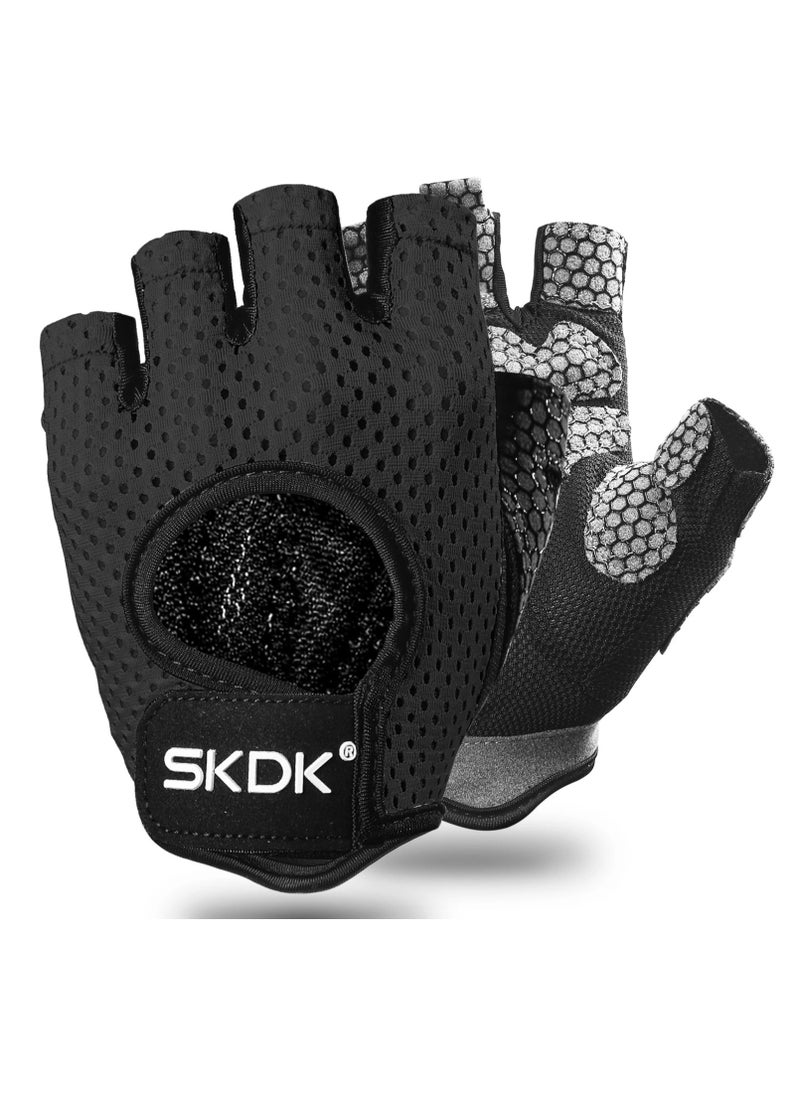 SKDK - قفازات رياضية قابلة للتنفس ، قفازات رفع أوزان مرنة مضادة للانزلاق مع وسادة فوم امتصاص الصدمات في الكف ، قفازات تدريب سيليكون مجوفة لركوب الدراجات ، كمال الأجسام ، تمارين الصالة الرياضية ، (مقاس S ، أسود) - Image 1