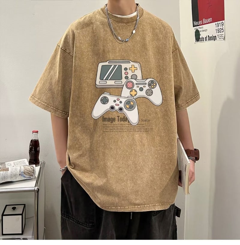 Washed Old Short Sleeve Men'S Summer Fashion Brand Trendy Heavy Cotton T-Shirt Oversize Plus Size American Retro Half Sleeve - Image 1